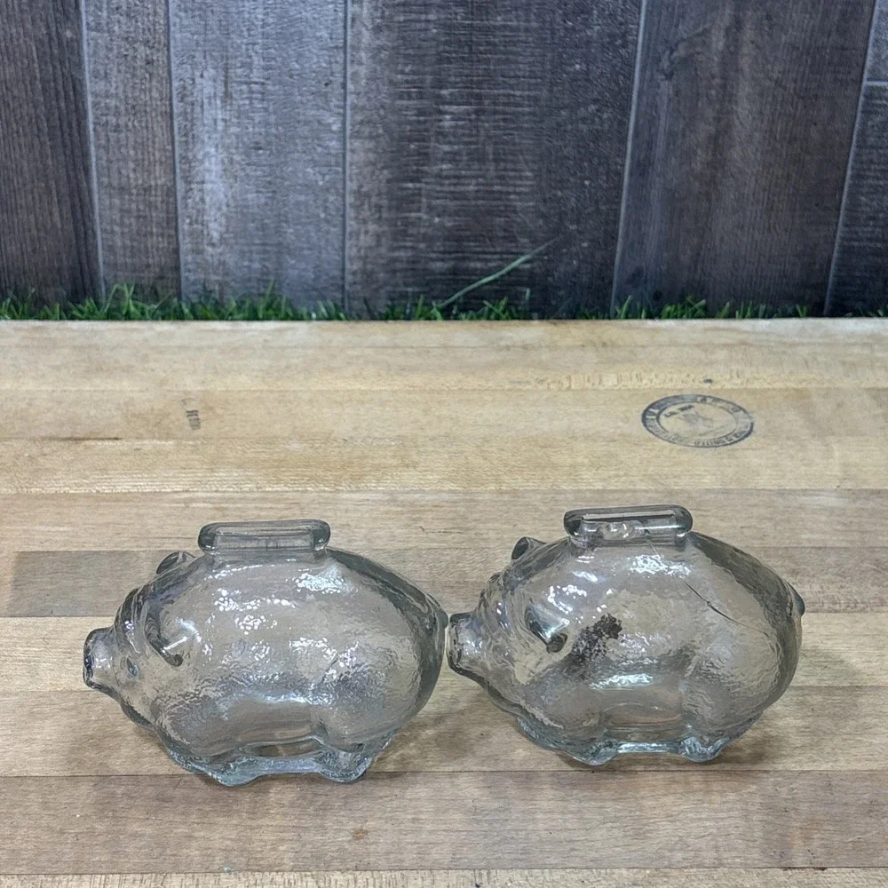 Vintage MCM Clear Textured Glass Piggy Banks Pair Coin Banks Retro Pig Figurines